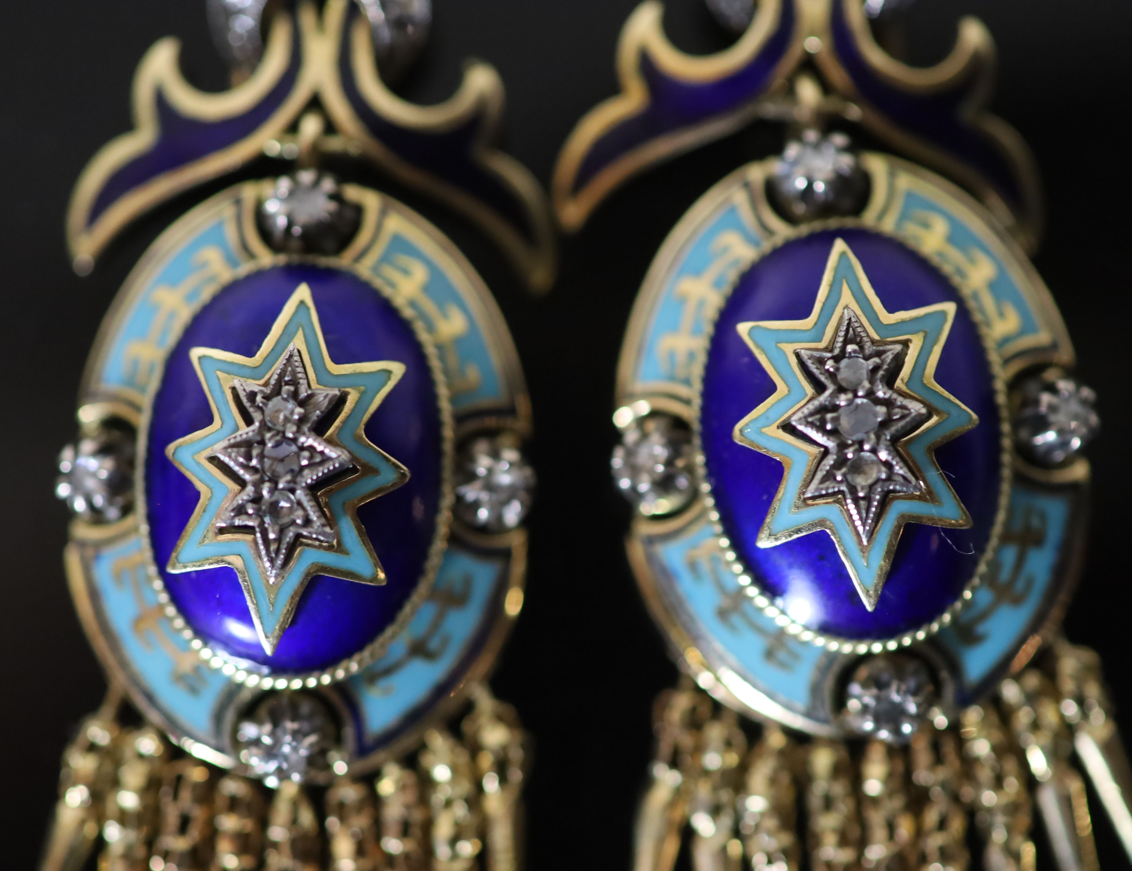 A pair of Italian 19th century style 14k gold (stamped 585), rose cut diamond and two colour enamel set oval tassel drop earrings,